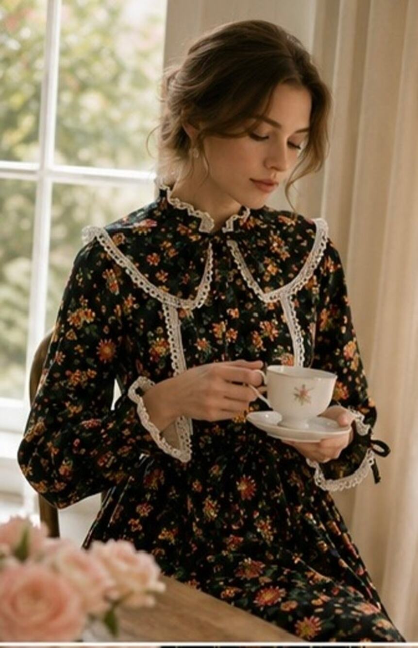 NWT Batsheva x Laura Ashley Devon Floral Cotton Poplin Midi Dress Black Sz 6